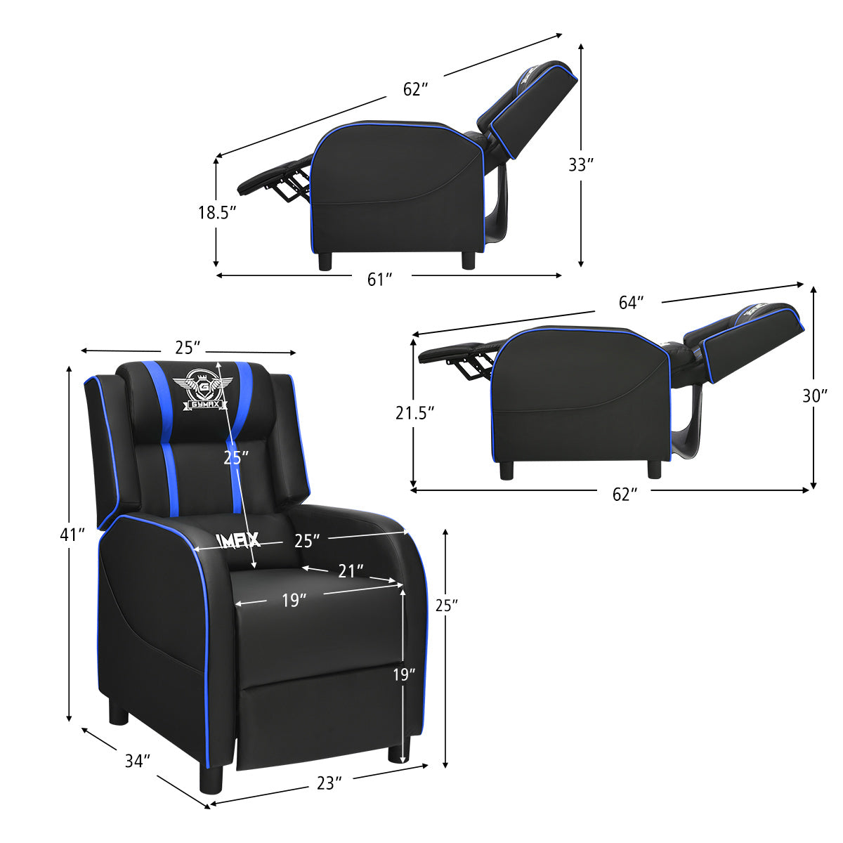 Gaming Recliner Chair with Electric Massage Lumbar Pillow