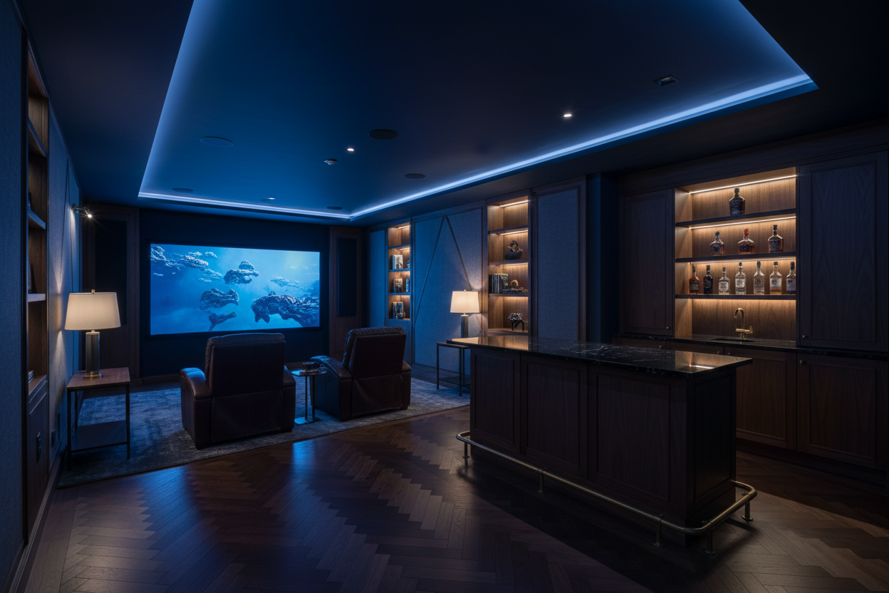Create a banner image suitable for a premium online store, featuring dark navy blue light. Feature a
photorealistic "relaxing and calm" vibe of a modern architectural mancave room [mancave room
with a dark wood parquet flooring a small theatre and a bar on the side] as the clear focus.